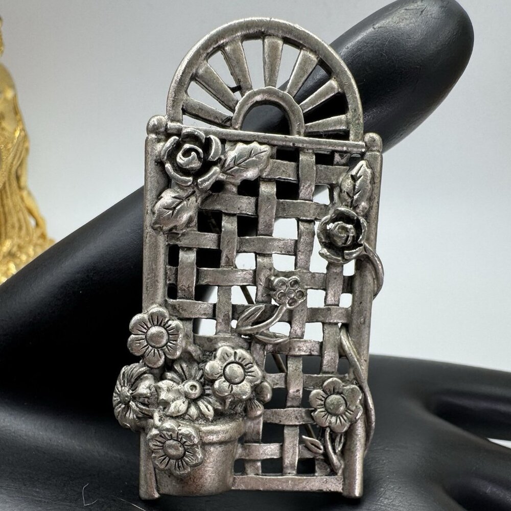 Vintage Danecraft Brooch Flower Garden Trellis Pots-Flowers '60's Silver -Tone
